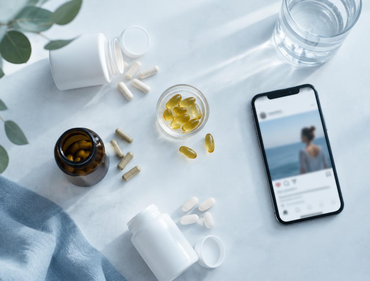Food supplements and capsules next to a phone showing a social media post
