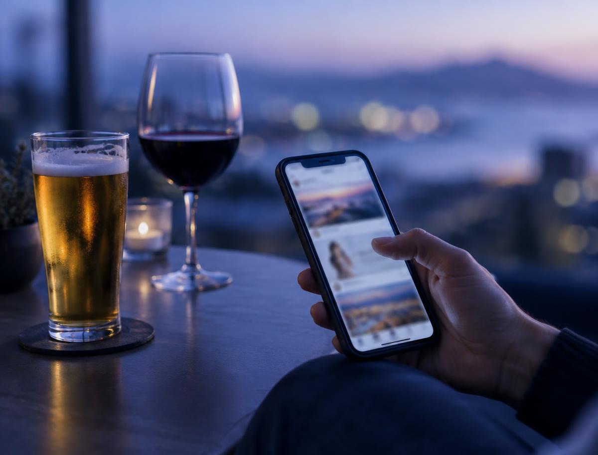 A beer and a glass of wine on a table next to a phone scrolling a social feed